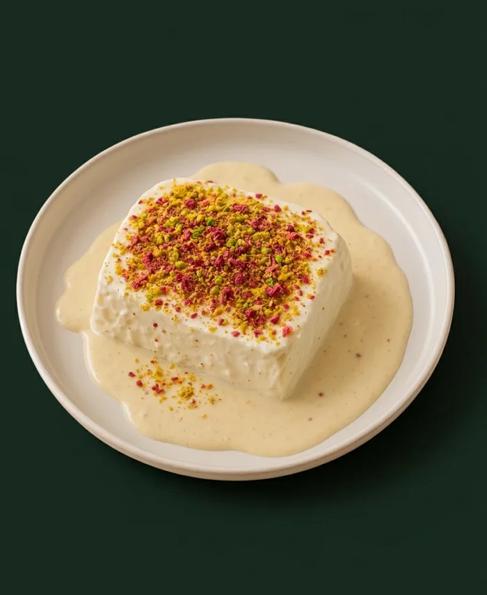 Rasmalai cake slice topped with pistachio and rose in rasmalai cream at Hinzi's Kitchen