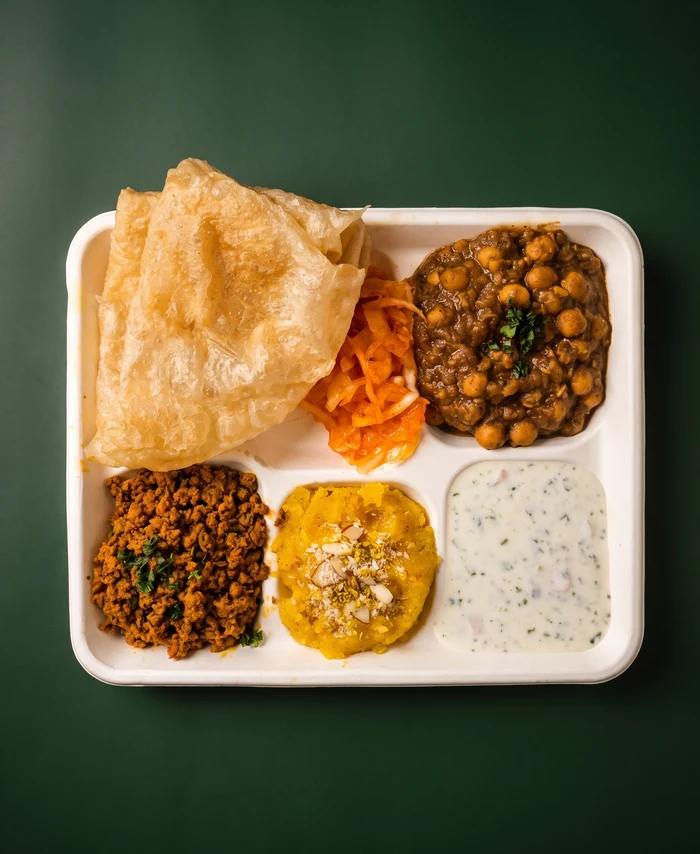 Weekend Halwa Puri Nashta tray at Hinzi's Kitchen Germantown — puri, chana, suji halwa, chicken qeema, raita and pickled onions