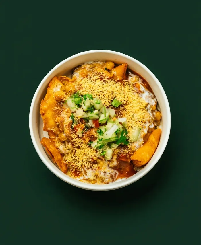 Samosa chaat with chickpeas, chutneys and sev at Hinzi's Kitchen