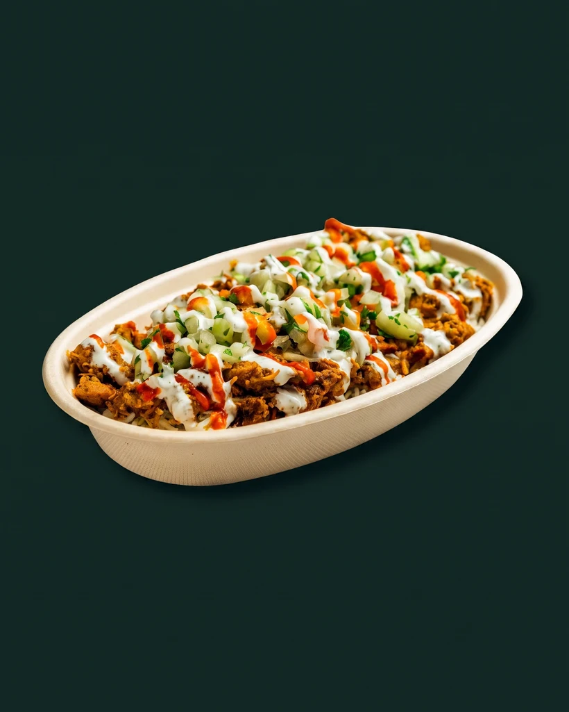 Hinzi's chicken rice bowl — homestyle chicken over seasoned rice with fresh toppings and signature sauces, studio-shot on emerald